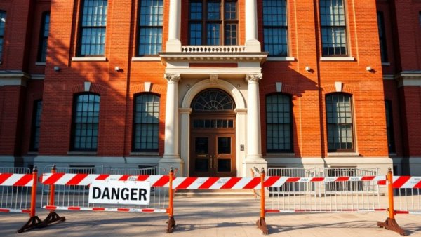 Johns Hopkins library renovation showing construction barriers with 'Danger' signs.
