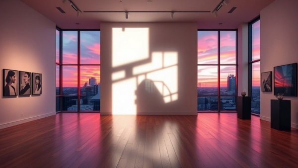 Gallery with abstract light design, sunset city view.