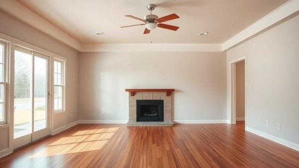 Simple empty cottage living room with wooden floors.