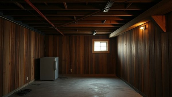 Unfinished basement with exposed ceiling and wood paneling.