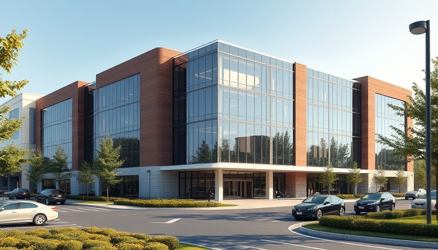 Modern commercial building, glass and brick facade, urban setting.