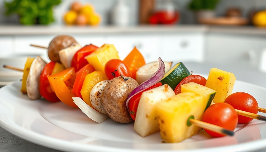 Colorful kebabs featuring unexpected veggies like pineapple and mushrooms, on a white plate.