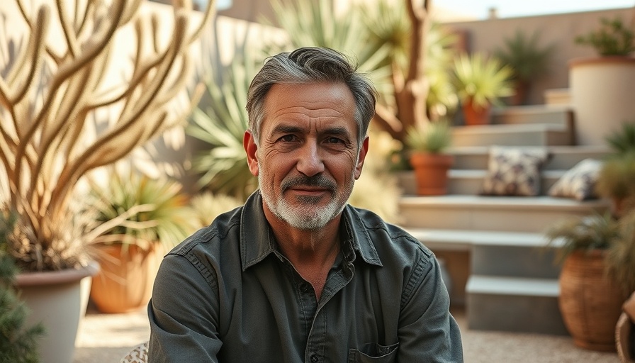Middle-aged man in a dry garden setting, surrounded by lush desert plants.