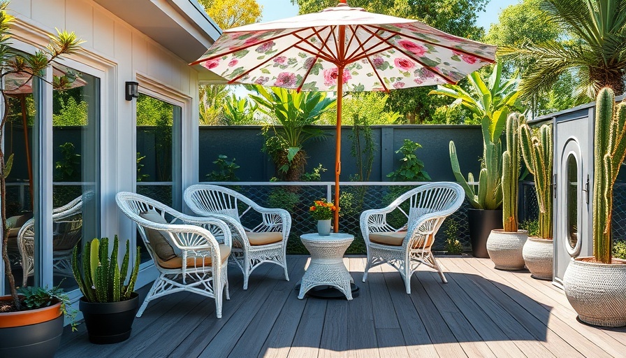 Modern patio with space-saving rocking bistro set and floral umbrella.