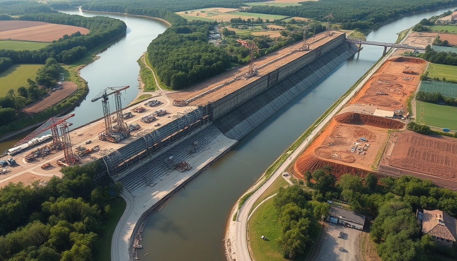 Red River Diversion Project Settlement site with cranes and river.
