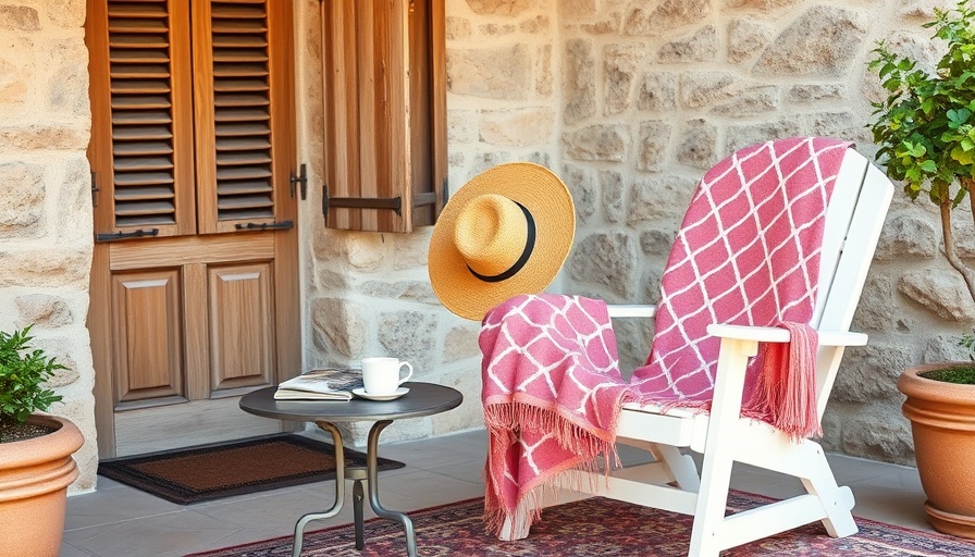 Charming outdoor patio scene with rustic furniture and stone wall