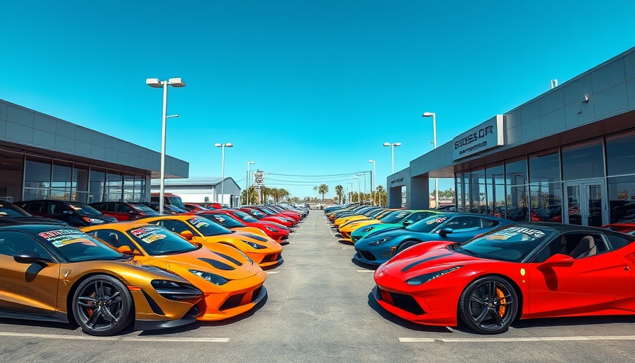 Car dealership lot with sports cars and sticker system showcasing inventory.
