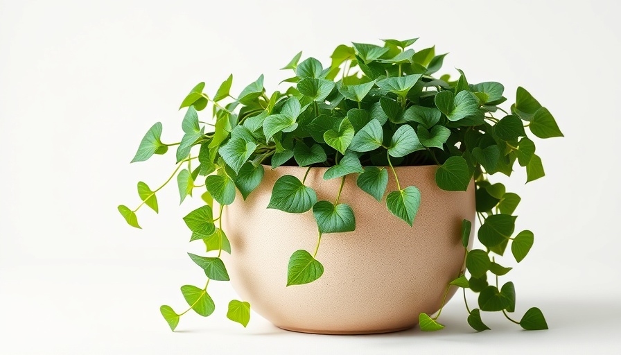 Minimalist beige pot with green ivy, Herb Pots concept.
