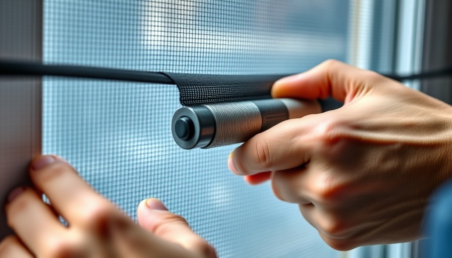 Close-up of hands replacing a window screen using a tool.
