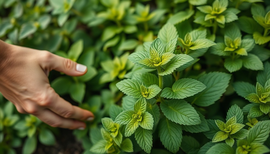 Harvesting lemon balm in a lush garden environment.