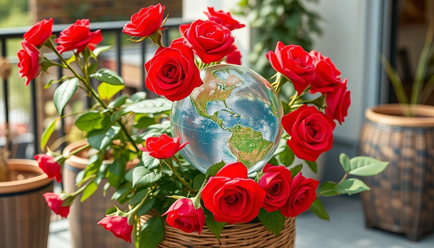 Self-watering plants with red roses in a patio setting.