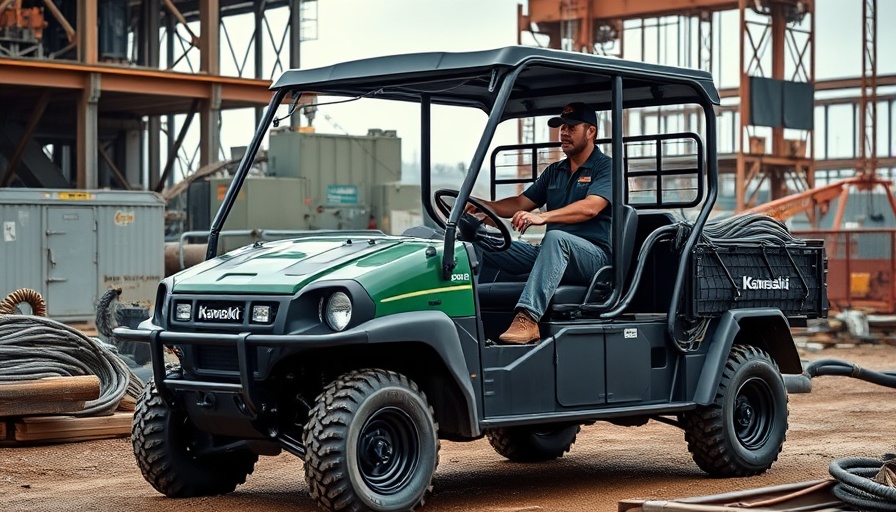 2026 Kawasaki Mule Utility Vehicle at construction site with operator.