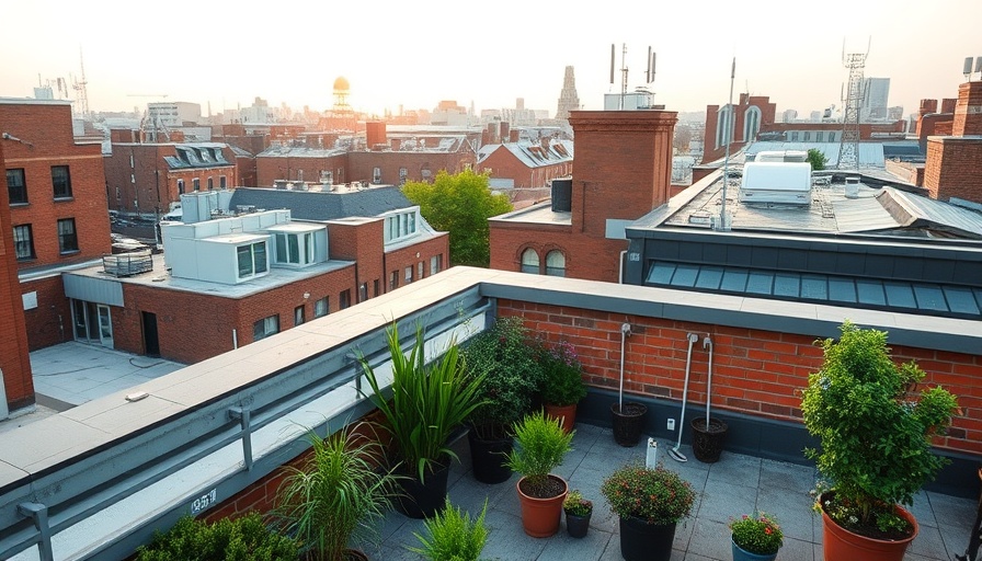 Urban rooftop garden start surrounded by brick chimneys and red roofs.