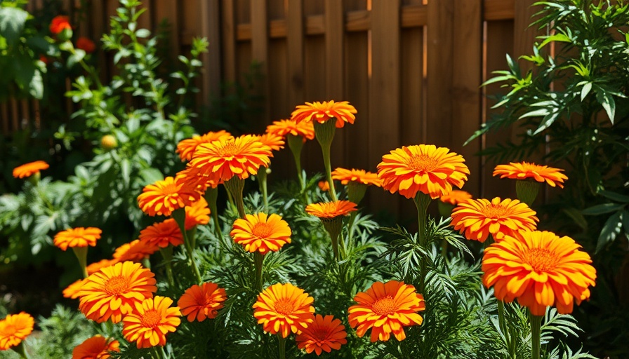 Colorful marigolds by a wooden lattice, secluded backyard privacy.
