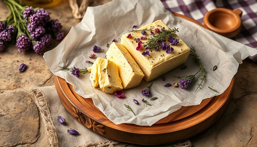 Edible flowers compound butter on rustic wooden board.