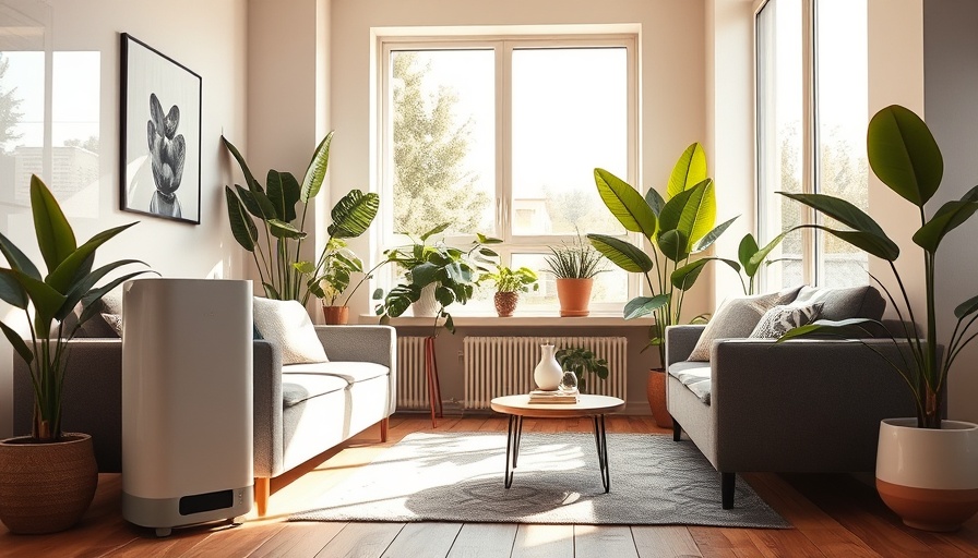 Modern living room with air purifier and indoor plants for air quality improvement.