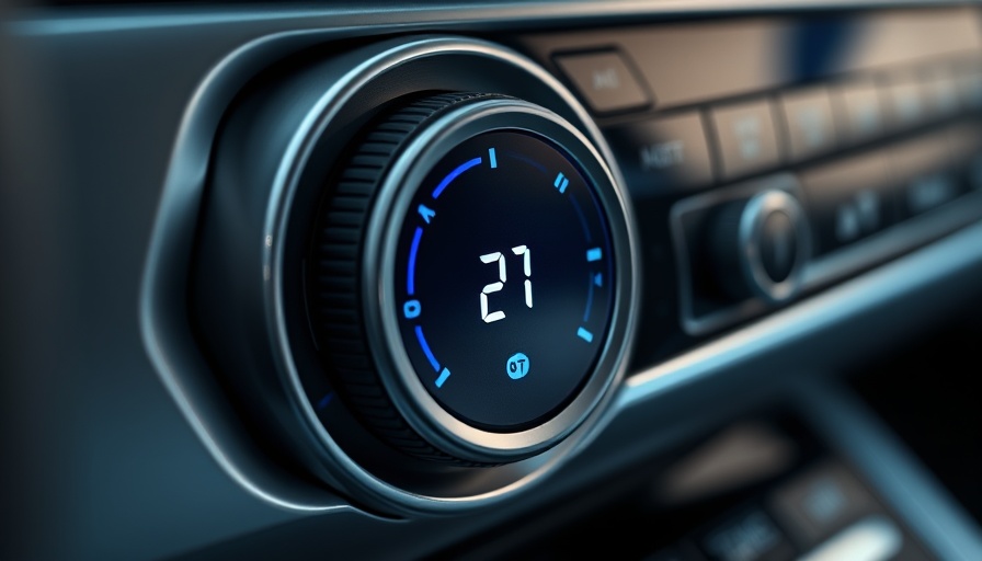 Car climate control dial showing 21 degrees, modern dashboard, cool down your scorching car