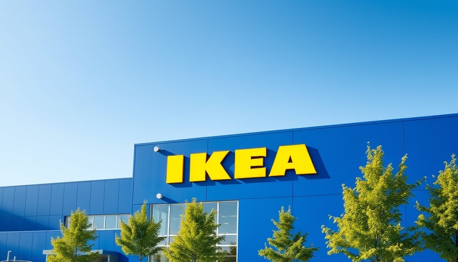 Bright blue IKEA store exterior with yellow logo on a sunny day.