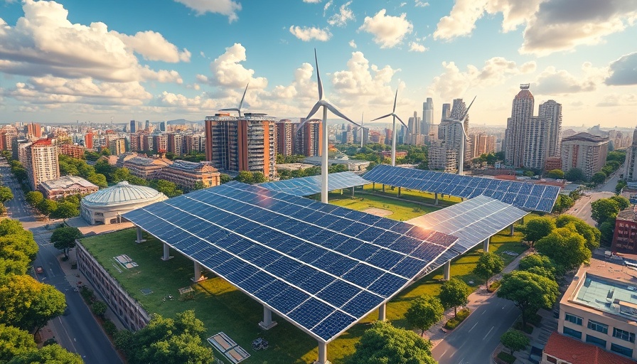 Cartoon illustration of a microgrid with solar panels and wind turbines in Oregon.
