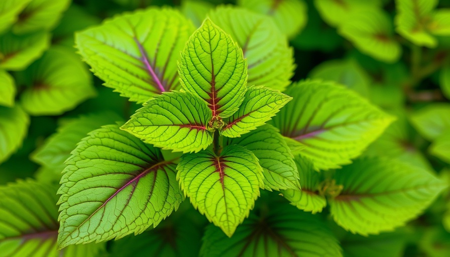 Vibrant green perilla leaves showing serrated edges.