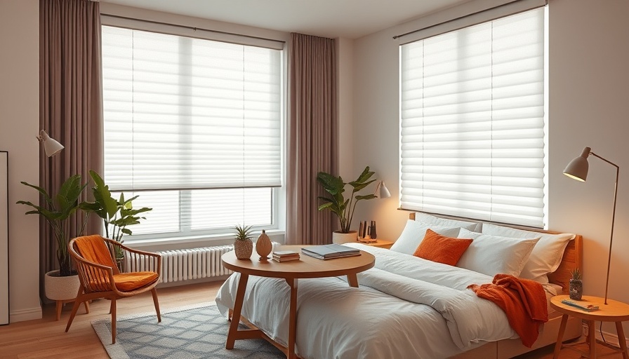 Modern bedroom with energy-efficient shades and minimalist decor.