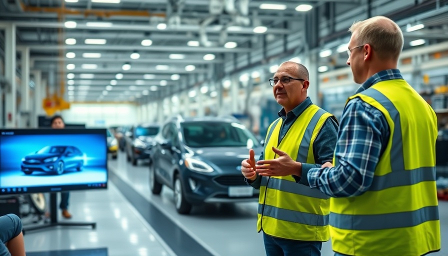 Presentation on Ford Universal EV Platform in factory setting.