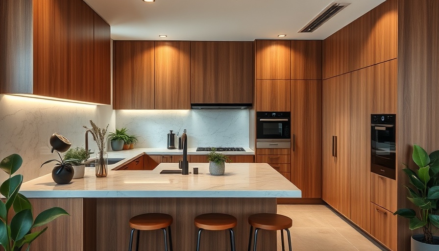CM G1 House kitchen with wood and marble decor, modern design.