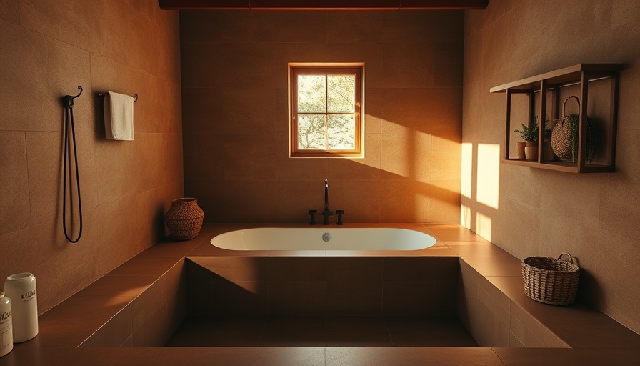 Minimalist sunken bath in a warmly lit room with terracotta tiles.