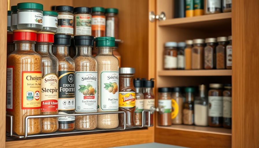 Expandable spice rack organized with spice jars in a kitchen cabinet.