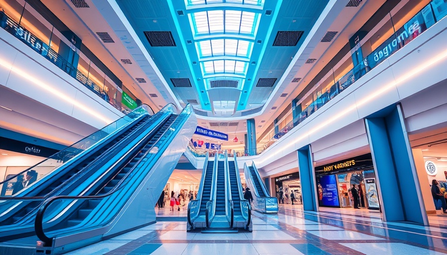 Vibrant futuristic mall design with blue escalators and elevators.