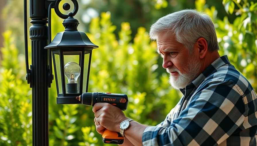 Middle-aged man in cooling gear working on outdoor DIY project.