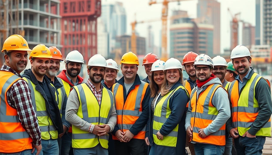 Group training workers for construction jobs at site with cranes