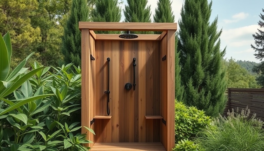 Rustic wooden outdoor shower with greenery for outdoor shower ideas.