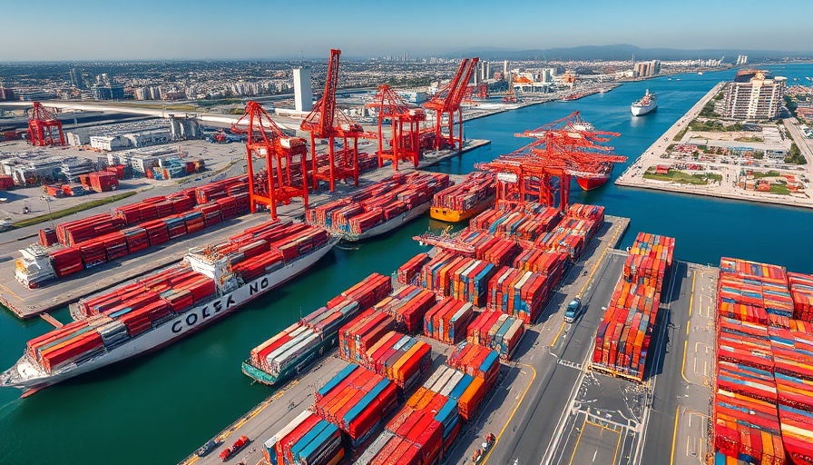 Aerial view of Port of Long Beach expansion project showcasing busy maritime activities.