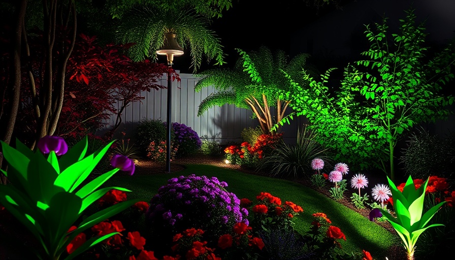 Vibrant garden illuminated by smart outdoor lighting at night