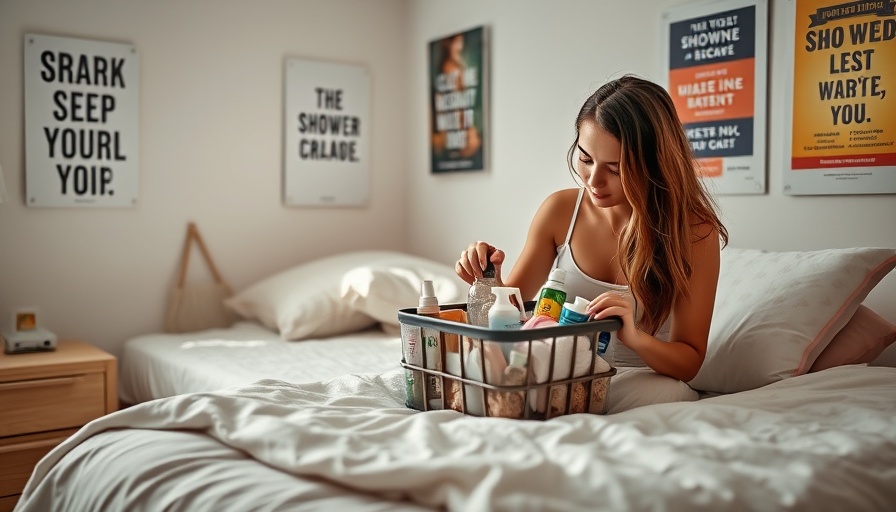 Student organizing essential shower caddy in dorm room.