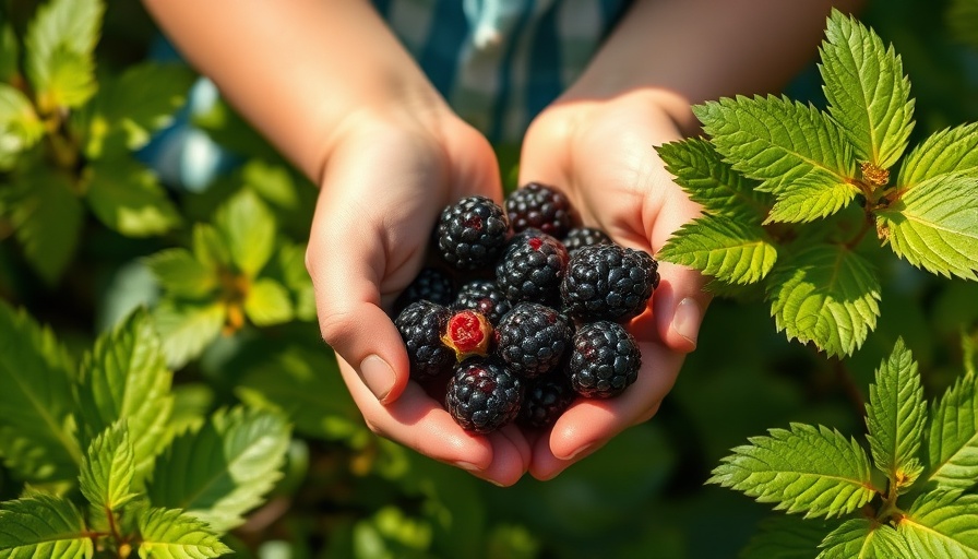 Child holding blackberries in a sunny garden setting.