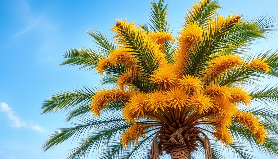 Blooming talipot palm with golden inflorescence under blue sky.
