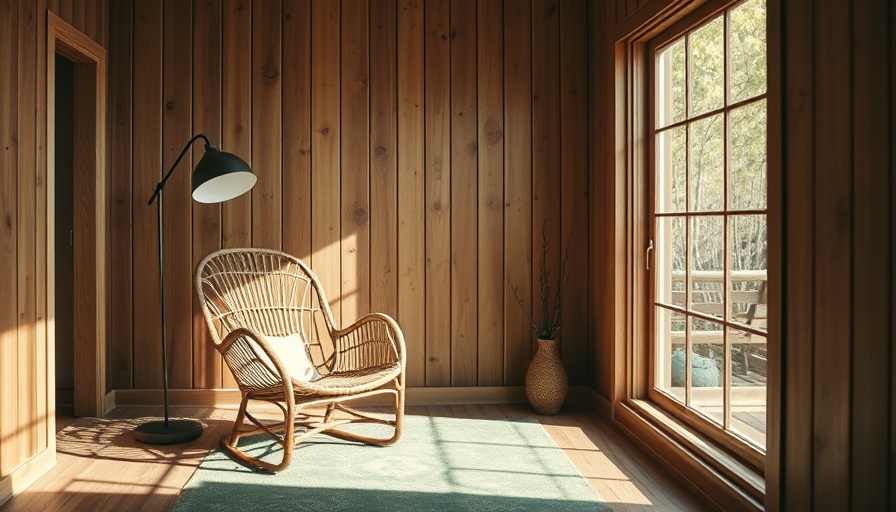 Warm rustic room featuring Noguchi lamp and wicker chair.
