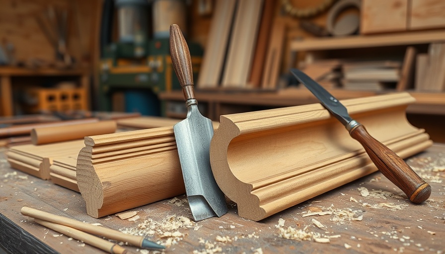 Tools and crown molding on a workbench to reproduce historic crown molding.