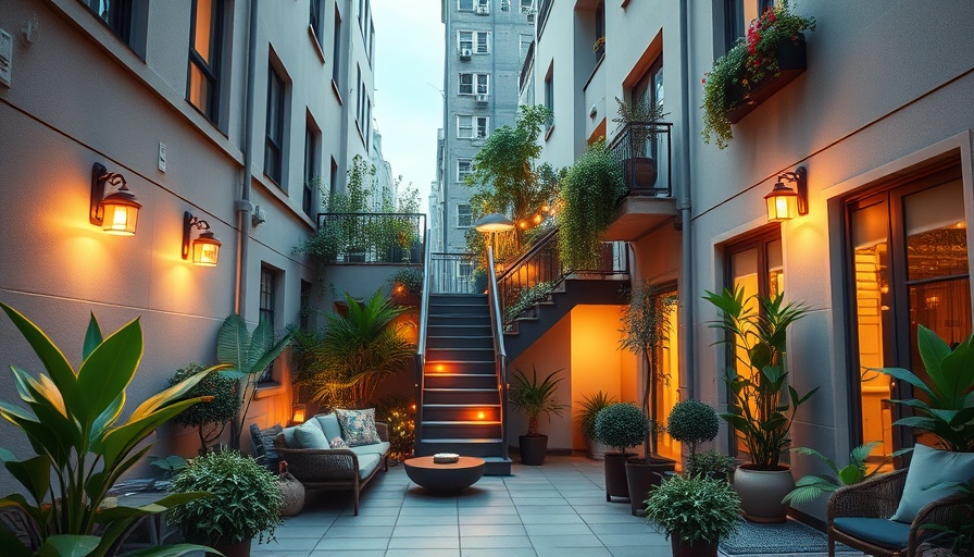 Modern courtyard with cozy seating, lush plants, city backyard atmosphere.