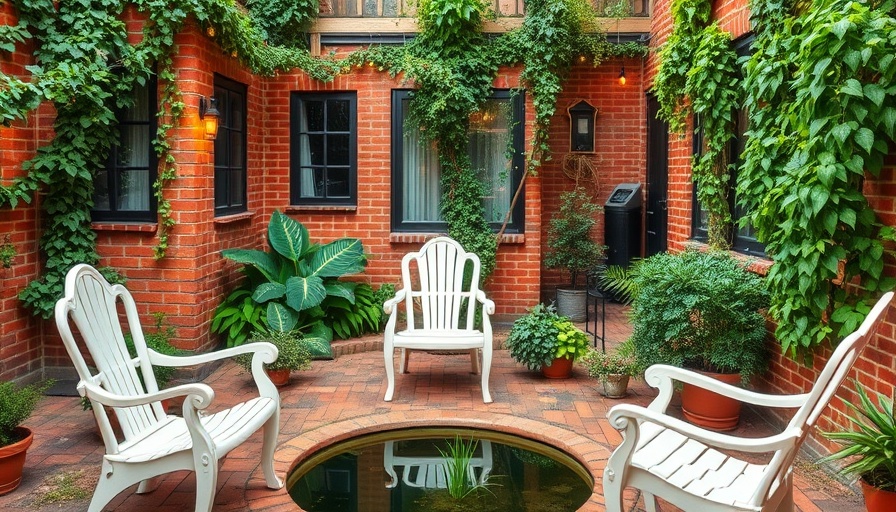 Urban gardening in NYC courtyard with pond and chairs.