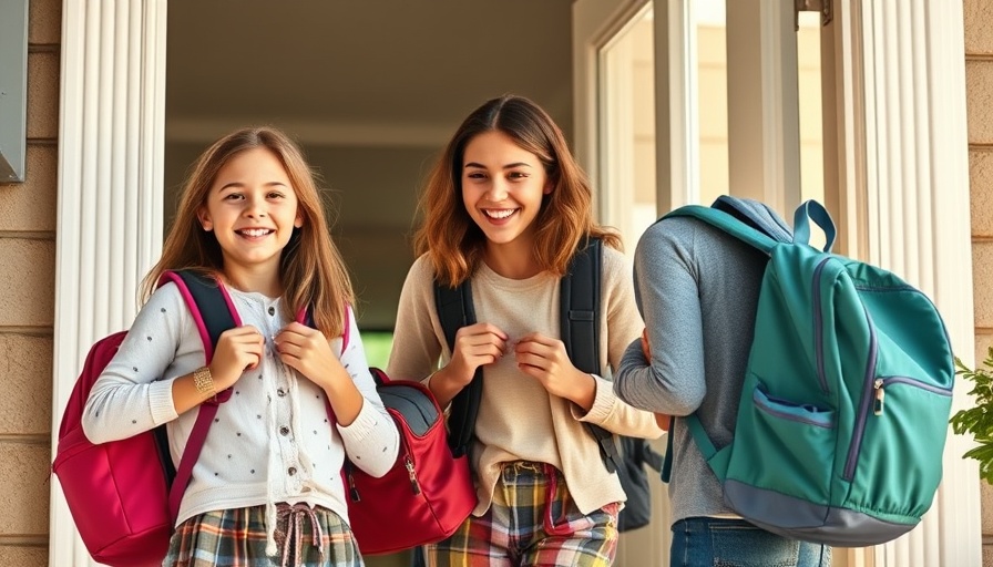 Parents helping kids with backpacks at home for school preparation.