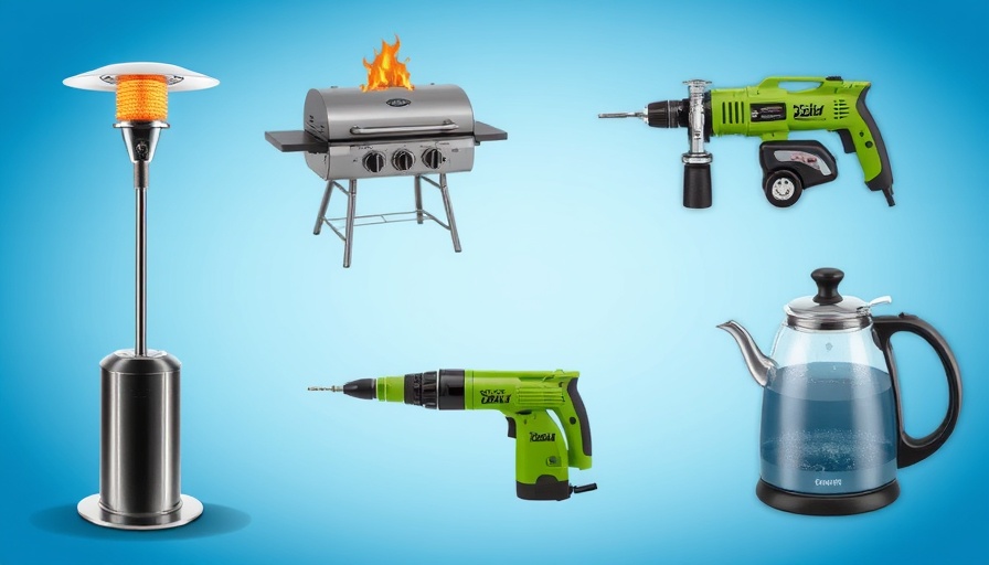 Discounted patio heaters in vibrant product collage.