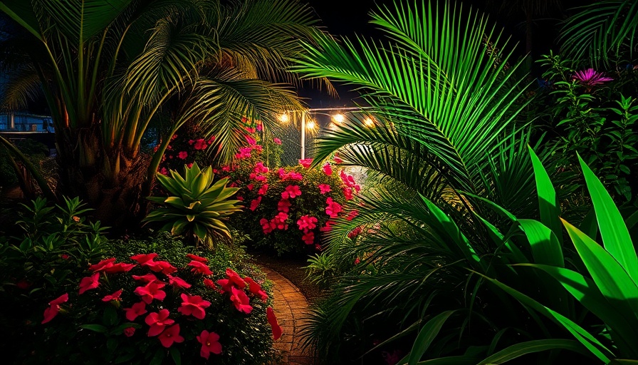 Enbrighten outdoor lights illuminating a garden with lush plants.