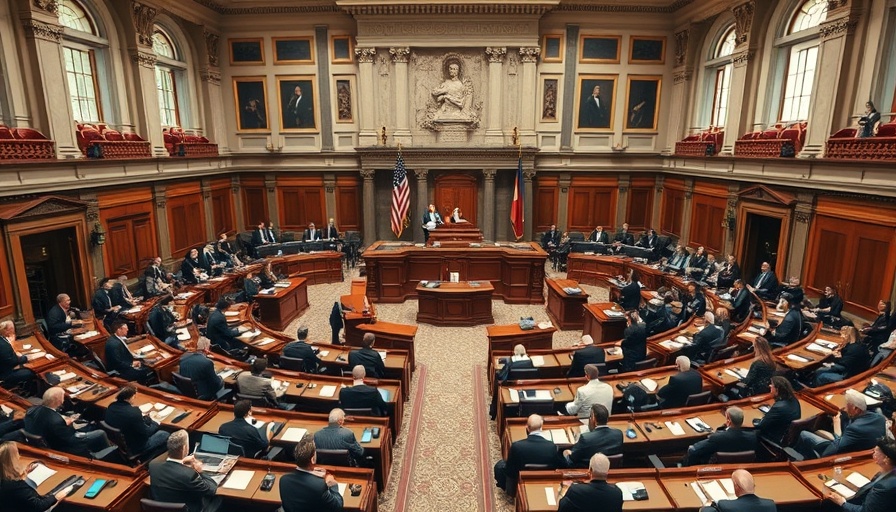 Legislative chamber with officials discussing energy funding package