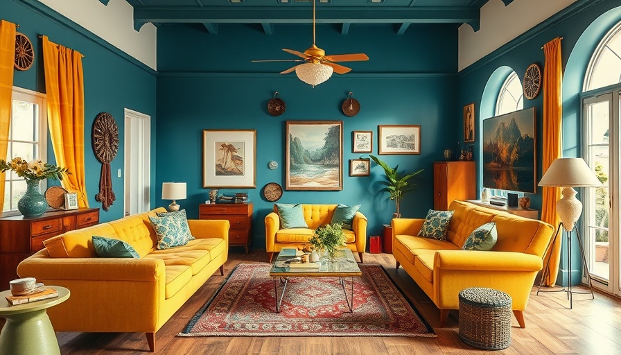 Eclectic Meow Wolf curator bungalow art living room with retro decor.