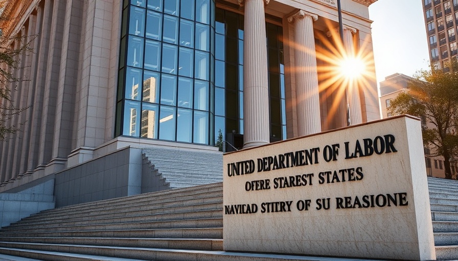 United States Department of Labor building with stone steps and sign.