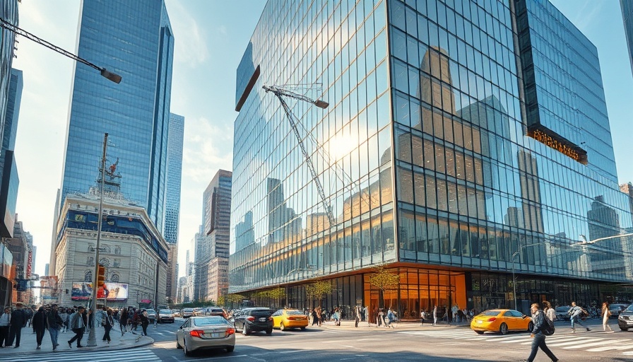 Busy urban scene with modern building facade reflecting city life, relevant to Scott Kolbrenner appointed president of Global Infrastructure Solutions.
