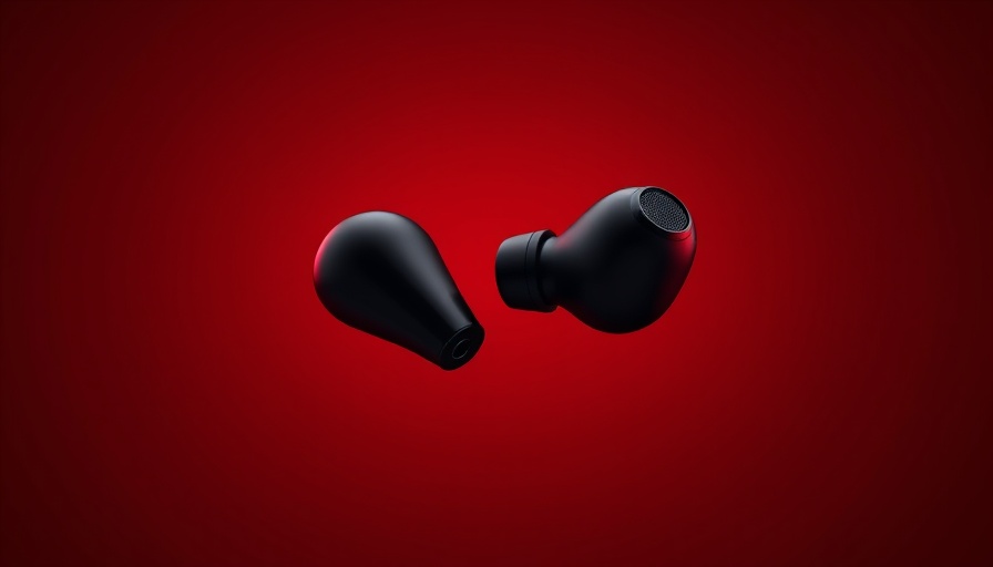 Sleek black noise-cancelling earbuds on red background.